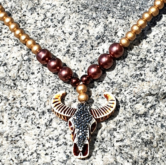 Boho Rhinestone Cow Skull Gold Wood Beads Necklace - Picture 3 of 8